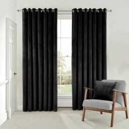 Moonlight Bedding Velvet Ring Top Curtains- Fully Lined Dim Out Blackout Pair, Ultra Soft Thermal Curtains (Black, 90 X 90 Inch)