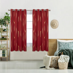 Deconovo Blackout Eyelet Curtains Thermal Insulated Gold Wave Line Foil Printed Curtains For Bedroom 46X72 Inch Red 2 Panels - thumbnail 2