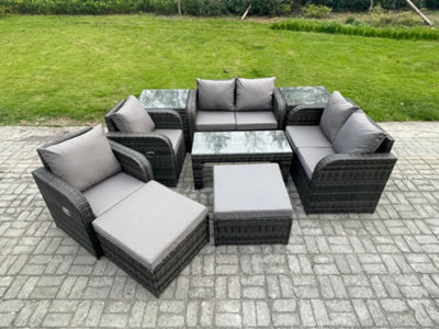 Fimous 9 Pcs Garden Furniture Set Rattan Outdoor Lounge Sofa Table Chair With Tempered Glass Table Dark Grey Mixed - image 1