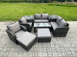 Fimous 9 Pcs Garden Furniture Set Rattan Outdoor Lounge Sofa Table Chair With Tempered Glass Table Dark Grey Mixed - thumbnail 1
