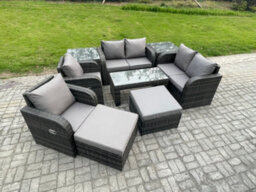 Fimous 9 Pcs Garden Furniture Set Rattan Outdoor Lounge Sofa Table Chair With Tempered Glass Table Dark Grey Mixed - thumbnail 2