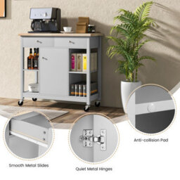 Costway Kitchen Trolley Cart Rolling Kitchen Island W/ Cabinet & Rubber Wood Top - thumbnail 7