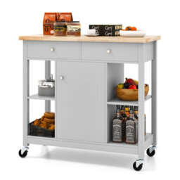 Costway Kitchen Trolley Cart Rolling Kitchen Island W/ Cabinet & Rubber Wood Top - thumbnail 2