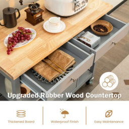 Costway Kitchen Trolley Cart Rolling Kitchen Island W/ Cabinet & Rubber Wood Top - thumbnail 4