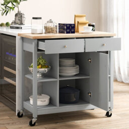 Costway Kitchen Trolley Cart Rolling Kitchen Island W/ Cabinet & Rubber Wood Top