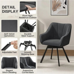 Dark Gray 2Pcs Dining Chairs With Armrests And Backrest Modern Swivel Velvet Side Chairs - thumbnail 5