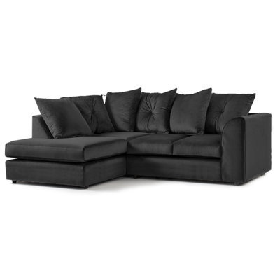 Furnishings For Less UK Fernando Soft Plush Velvet 3 To 4 Seater L Shaped Corner Sofa Black Left Hand Facing - Scatter Back