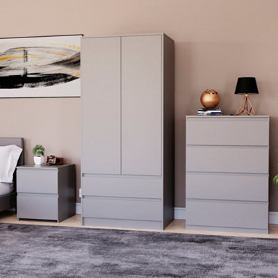 Lassic Vida Designs Denver 3 Piece Bedroom Set - (2 Drawer Large Bedside Chest, 4 Drawer Chest, 2 Door 2 Drawer Wardrobe), Grey - image 1