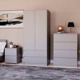 Lassic Vida Designs Denver 3 Piece Bedroom Set - (2 Drawer Large Bedside Chest, 4 Drawer Chest, 2 Door 2 Drawer Wardrobe), Grey