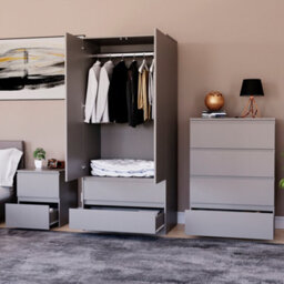 Lassic Vida Designs Denver 3 Piece Bedroom Set - (2 Drawer Large Bedside Chest, 4 Drawer Chest, 2 Door 2 Drawer Wardrobe), Grey - thumbnail 2