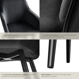 Tectake Set Of 2 Dining Chair Marilyn - With Armrests, Padded, Velvet Look, Black Steel Legs  - Black - thumbnail 5