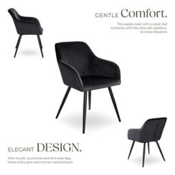 Tectake Set Of 2 Dining Chair Marilyn - With Armrests, Padded, Velvet Look, Black Steel Legs  - Black - thumbnail 3