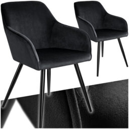 Tectake Set Of 2 Dining Chair Marilyn - With Armrests, Padded, Velvet Look, Black Steel Legs  - Black