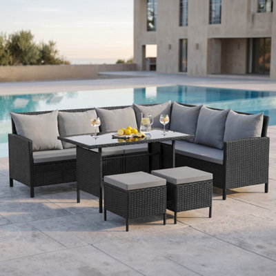 Evre Madison 8 Seater Rattan Garden Furniture Set, Black Corner Sofa With Glass Dining Table, 2 Stools & Cushions - image 1