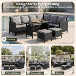 Evre Madison 8 Seater Rattan Garden Furniture Set, Black Corner Sofa With Glass Dining Table, 2 Stools & Cushions - thumbnail 6