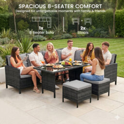 Evre Madison 8 Seater Rattan Garden Furniture Set, Black Corner Sofa With Glass Dining Table, 2 Stools & Cushions - thumbnail 5
