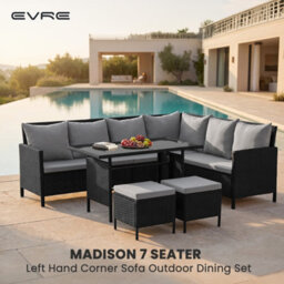 Evre Madison 8 Seater Rattan Garden Furniture Set, Black Corner Sofa With Glass Dining Table, 2 Stools & Cushions - thumbnail 2