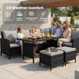 Evre Madison 8 Seater Rattan Garden Furniture Set, Black Corner Sofa With Glass Dining Table, 2 Stools & Cushions - thumbnail 4