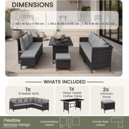 Evre Madison 8 Seater Rattan Garden Furniture Set, Black Corner Sofa With Glass Dining Table, 2 Stools & Cushions - thumbnail 3