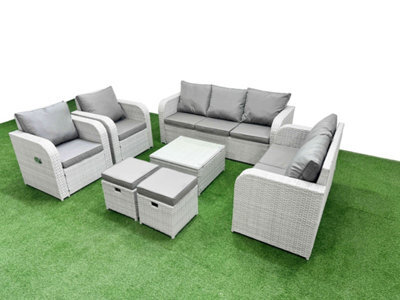 Fimous Pe Rattan Garden Furniture Set Adjustable Chair Sofa Double Love Seat 2 Seater Sofa Lounge Set Square Coffee Table 2 Stools - image 1