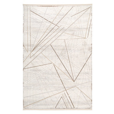 Loomed Natural Beige Super Soft Geometric Fringed Area Rug 120X170Cm - image 1