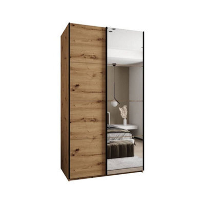 Arte Trosa Iii Oak Artisan Mirrored Sliding Door Wardrobe W1300mm H2450mm D640mm With Black Steel Handles - image 1