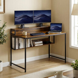 120 Cm Office Desk With Monitor Stand Computer Desk With Storage Shelf - thumbnail 3