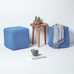 Homescapes Blue Cube Cotton Knitted Pouffe Footstool - thumbnail 6