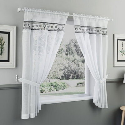 "Tyrone Textiles Lucy Embroidered Heart Kitchen Window Set Curtain Pair With Frill Edging And Matching Tie Backs (Black,42""(107Cm))" - image 1