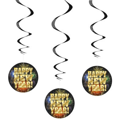Unique Party Happy New Year Hanging Decoration (Pack Of 3) Black/gold (One Size)