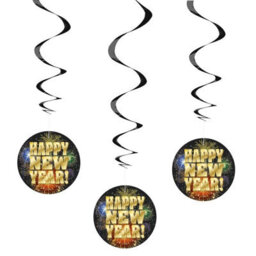 Unique Party Happy New Year Hanging Decoration (Pack Of 3) Black/gold (One Size)