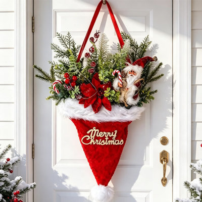 CLEFFNS 55Cm Christmas Hat Wreath With Pine Branches, Red Berries And Pinecones For Front Door, Christmas Decoration Door Wreath - image 1