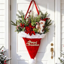 CLEFFNS 55Cm Christmas Hat Wreath With Pine Branches, Red Berries And Pinecones For Front Door, Christmas Decoration Door Wreath - thumbnail 1