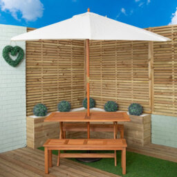Samuel Alexander Outdoor 4 Person Rectangular Wooden Garden Dining Table, 2 Benches With Cream Parasol And Base Set - thumbnail 1