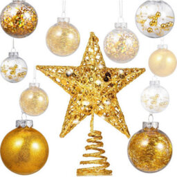 Accessotech Gold Christmas Tree Bauble And Star Decoration Set Of 24 Shatterproof Hanging Ornaments