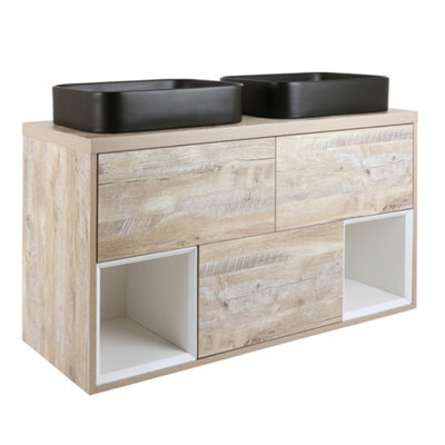 Homestylestore Light Oak 1200mm Led Lit Wall Hung Bathroom Vanity Unit Rectangular Graphite Countertop Basins Open Shelves - image 1