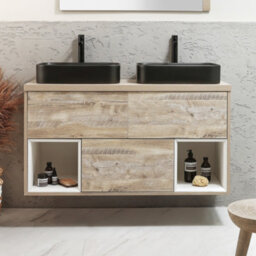 Homestylestore Light Oak 1200mm Led Lit Wall Hung Bathroom Vanity Unit Rectangular Graphite Countertop Basins Open Shelves - thumbnail 2