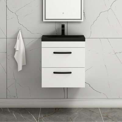 Royal Bathrooms Turin 500mm Wall Hung Vanity Unit 2 Drawer Gloss White With Black Basin & Handles - image 1