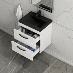 Royal Bathrooms Turin 500mm Wall Hung Vanity Unit 2 Drawer Gloss White With Black Basin & Handles - thumbnail 6
