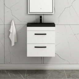 Royal Bathrooms Turin 500mm Wall Hung Vanity Unit 2 Drawer Gloss White With Black Basin & Handles - thumbnail 4