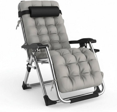 Extra Wide Zero Gravity Chair 74Cm  Foldable Reclining Outdoor Lounger, Cushion & Cup Holder, 150Kg (Grey) - image 1