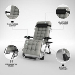 Extra Wide Zero Gravity Chair 74Cm  Foldable Reclining Outdoor Lounger, Cushion & Cup Holder, 150Kg (Grey) - thumbnail 3