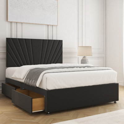 Bsspoke Maria Divan Bed Set In Black Plush Velvet 24Inch Headboard & 2 Drawers Footend & Mattress In Double King 4Ft 6Ft - image 1