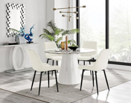 Furniturebox Uk Palma White Marble Effect Round Dining Table & 4 Cream Pesaro Black Leg Chairs