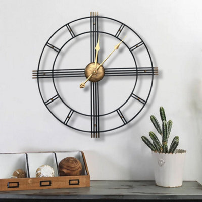 Living And Home Metal Wall Clock Black Metal Home Decor Clock For Living Room Bedroom Kitchen 600mm (Gold Hands) - image 1