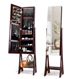 Gainoom Freestanding Brown Mirror Jewelry Cabinet Organizer Full Length Mirror Built-In Led - thumbnail 1