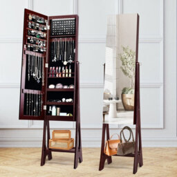 Gainoom Freestanding Brown Mirror Jewelry Cabinet Organizer Full Length Mirror Built-In Led - thumbnail 3