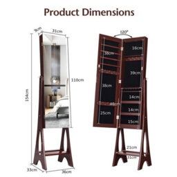 Gainoom Freestanding Brown Mirror Jewelry Cabinet Organizer Full Length Mirror Built-In Led - thumbnail 2