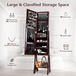 Gainoom Freestanding Brown Mirror Jewelry Cabinet Organizer Full Length Mirror Built-In Led - thumbnail 6