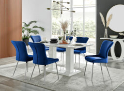 Furniturebox Imperia White High Gloss 6 Seater Dining Table With Structural 2 Plinth Column Legs 6 Blue Velvet Silver Leg Nora Chairs